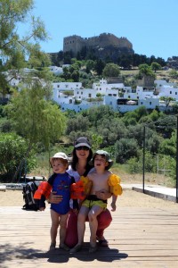 Sue Collins with Jack and Isaac in Rhodes Greece with Kids Two In A Row BLog